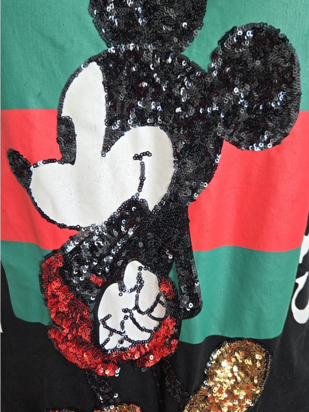 Gucci Black Tee With Green & Red Stripe And Gold Sequin Mickey View 2